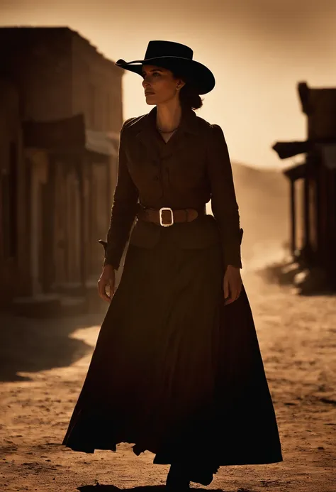 full body female western gunslinger standing in on the main street of a dusty, dirty small town, imposing and menacing presence, blinding sunshine, sharp shadows, dust storm, devil chariots, directed by Sergio Leone cinematic effect