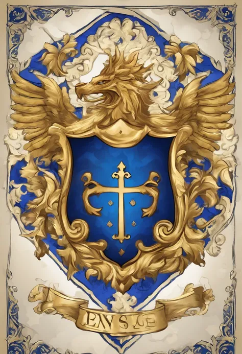 Gold and blue coat of arms with silver background