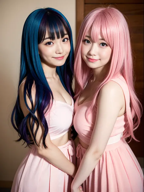 twinsies、kawaii、japanes、Big、pubick hair, colored inner hair, makeup, shy, blush, smirk, depth of field, Sony FE GM, UHD, highres, textured skin, super detail