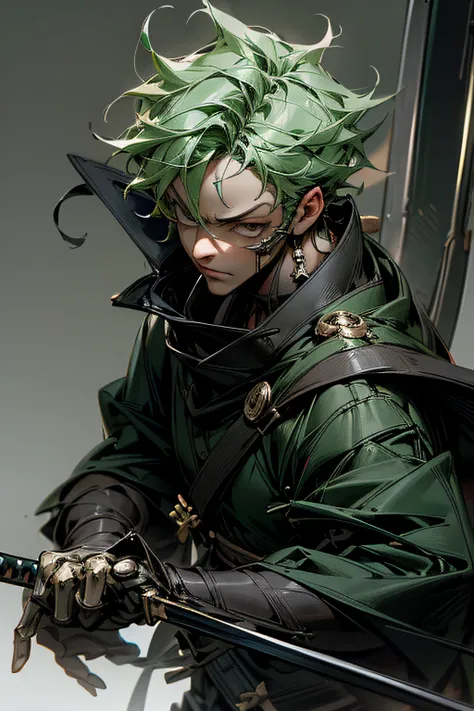 roronoa zoro male with 3 swords, realistic outfit green, polished, detailed body, detailed face, Detailed eye, Swollen eyes, top-quality, A high resolution, (reality: 1.4), Forward-facing body, (A hyper-realistic), (high resolution), (8K), (highly detailed...