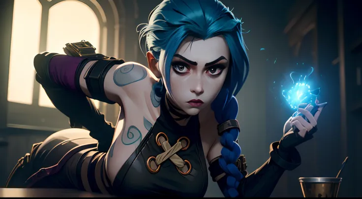 jinx's character design, sexypose, erotica, bare breast, teats, beautiful figure,  butt, kitty, arcane's jinx, holding a sparkli...