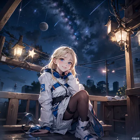 absurderes, ultra-detailliert,bright colour,(in 8K:1.3),masuter piece,extremely beautiful detailed face and eyes, 25 years old, Aurora、city light、constellation、Crescent,intergalactic,lamp post, Particles of light, long-sleeve, milkyway, natta, nigh sky, ou...