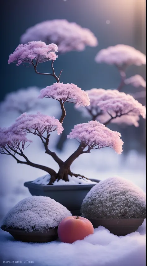 Plants, Snowflakes (Food Bar), Still Life, Winter, Peach Blossoms, Rock Garden, Bonsai Fog, Haze, Fine Details, Ultra Fine Details, Intricate Details, Film Style, Surrealist Soft Light, Studio Lighting, Diffuse Soft Light, Shallow Depth of Field, Sharp Foc...