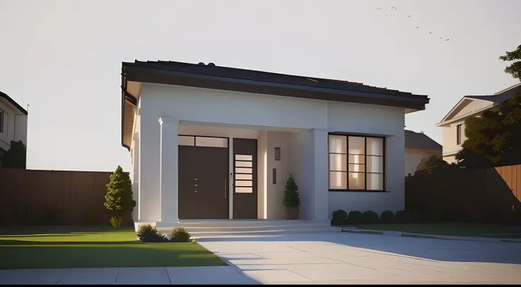 There is a small white house with a brown door and a brown door, lumion rendering, high-quality render, Renderizado no Lumion Pro, Photorealistic rendering, Estilo realista, semi-realistic rendering, Neotradicional moderno, fully detailed render, Estilo fo...