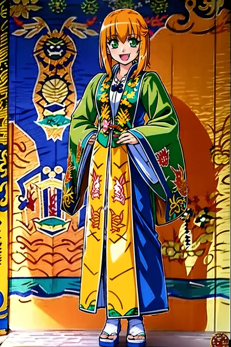 excel, orange hair, smile, fang, open mouth, green eyes,standing, medium breast, pants, pullover, , full body, flipflops,Daoist_Robe