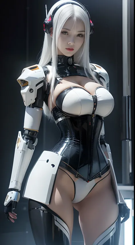 photorealistic, high resolution, 1women, mature female, solo, hips up, robot, mecha musume,mechanical parts, robot joints,single mechanical arm, headgear, mecha corset, full armor, white hair