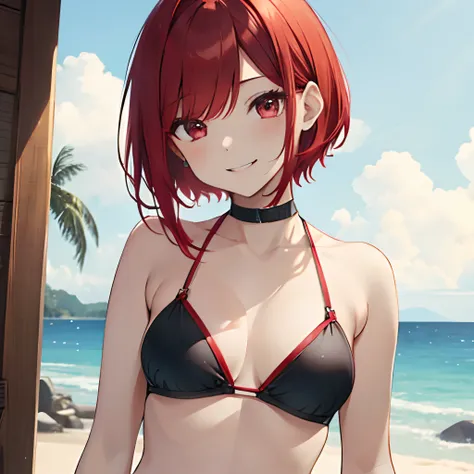 Girl with red medium bob hair、Red Eyes、17 age、One Woman、from the front side、Black Bikini、Navel Ejection、Cheerful smile、Medium chest、top-quality