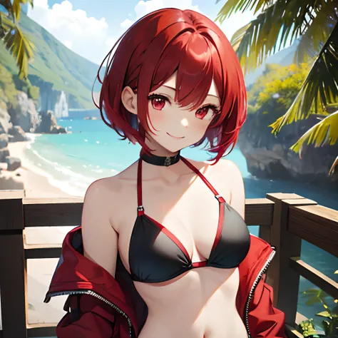 Girl with red medium bob hair、Red Eyes、17 age、One Woman、from the front side、Black Bikini、Navel Ejection、Cheerful smile、Medium chest、top-quality