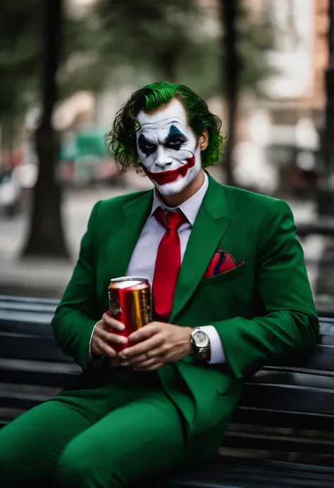 Na imagem, The Joker is sitting on a park bench, Dressed in your classic attire: um terno roxo, a green tie and a white makeup with red lips. Hes holding a can of Red Bull in his left hand and is looking at the camera with a smirk.

O Coringa tem o cabelo ...