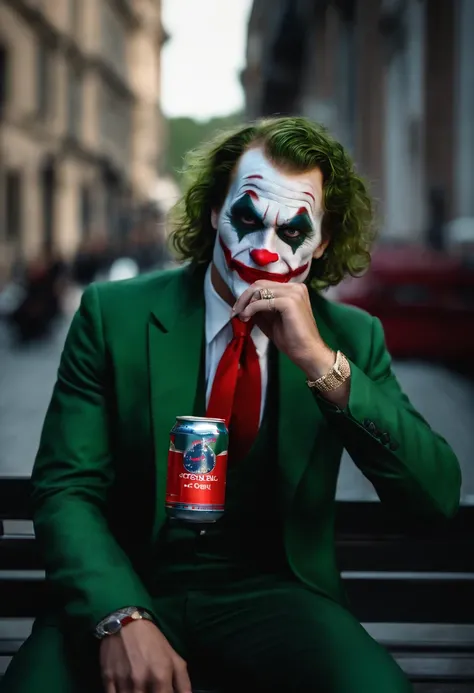 Na imagem, The Joker is sitting on a park bench, Dressed in your classic attire: um terno roxo, a green tie and a white makeup with red lips. Hes holding a can of Red Bull in his left hand and is looking at the camera with a smirk.

O Coringa tem o cabelo ...