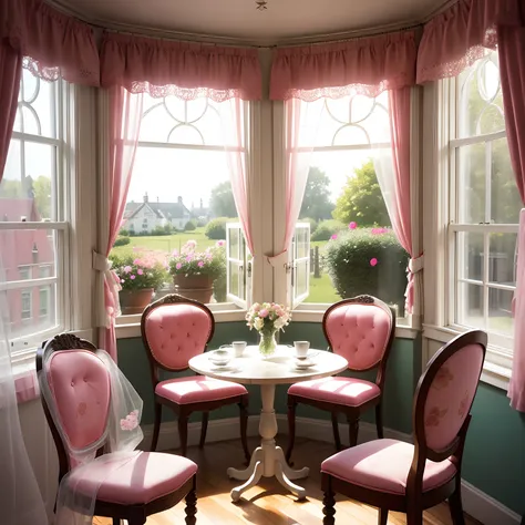 cherry　Tearoom　Floral curtains　Lace Chair　Flowers seen from the window