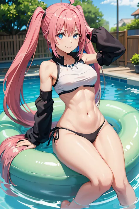 1Female、When I was reincarnated, I was a slime character（child）、masterpiece、superior quality、precise、animesque、child Demon King、Aimei、beautiful blue eyes and detailed、Pink hair、two-tailed、Proud double tails, very short black bikini 、Average breasts、True to...