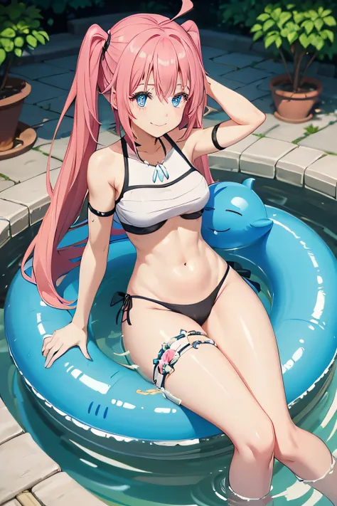 1Female、When I was reincarnated, I was a slime character（child）、masterpiece、superior quality、precise、animesque、child Demon King、Aimei、beautiful blue eyes and detailed、Pink hair、two-tailed、Proud double tails, very short black bikini 、Average breasts、True to...