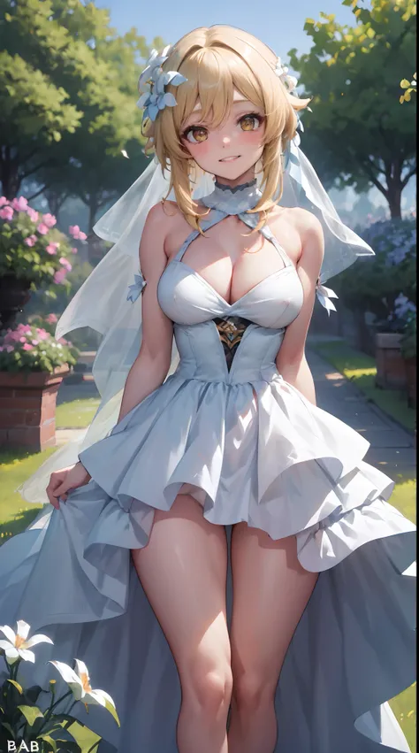 Lumine | genshin impact, master-piece, bestquality, 1girls,25 years old, proportional body, proportional., Wedding Dresses, White Wedding Dress, wedding, mediuml breasts, ,bara, choker, Standing in the middle of a flower garden, outdoor, The sky is beautif...