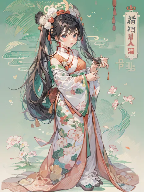 a girl, full body, twin tail hair, qi-pao dress