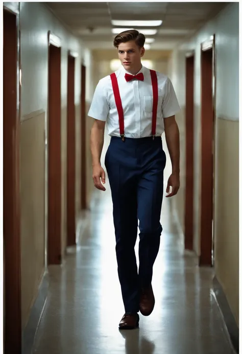 Hyper photorealistic, full body, college nerd, white short sleeved button down, red bowtie, blue suspenders, pocket protector, dental headgear, dress pants, white tube socks, loafers, walking in a school hallway.