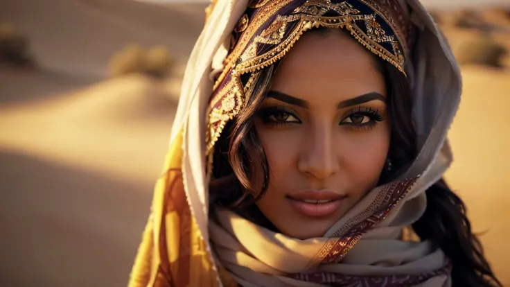 a close up of a woman wearing a scarf and a scarf over her head, arabian beauty, beautiful arab woman, middle eastern skin, beau...