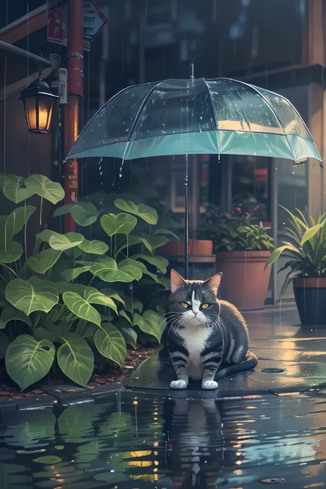 rainy days, A round-eyed cat shelters from the rain under a roof, the city street, Reflection of water on the ground, potted plant,pedestrians, car lights..