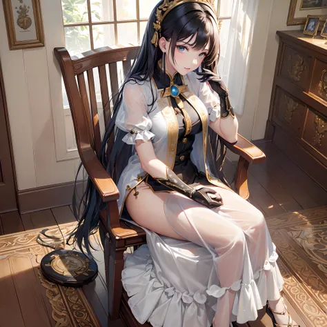 ((Finest quality)),(超A high resolution),(ultra-detailliert),(Meticulous portrayal),((Best CG)),(Finest works of art),Ultra-Precision Art,The art of astounding depiction, (1人の女性:1.5), Sitting in a rocking chair:1.3,Hall Clock