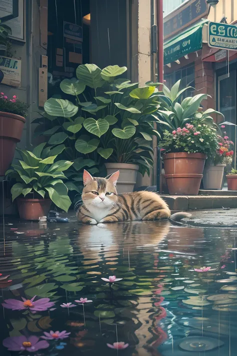 rainy days, A round-eyed cat , adorable, shelters from the rain under a roof, the city street, Reflection of water on the ground, potted plant,pedestrians, car lights..