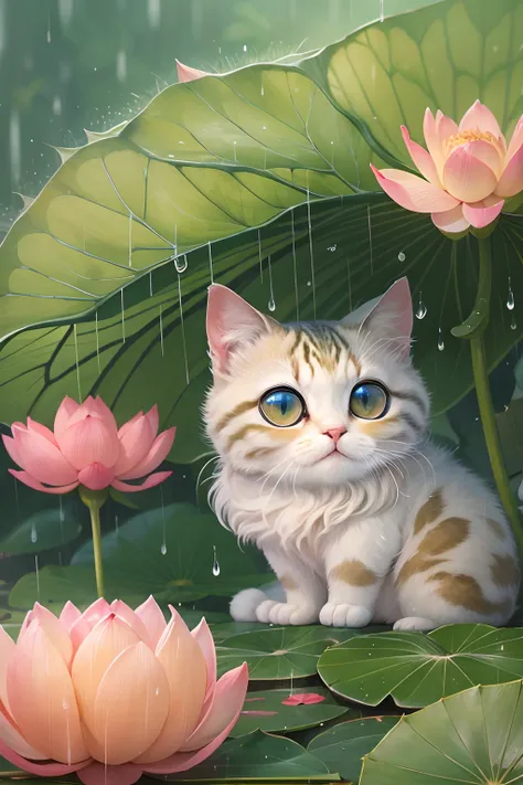 rainy days, A round-eyed cute cat, Take shelter from the rain under a large lotus leaf, trpical garden.