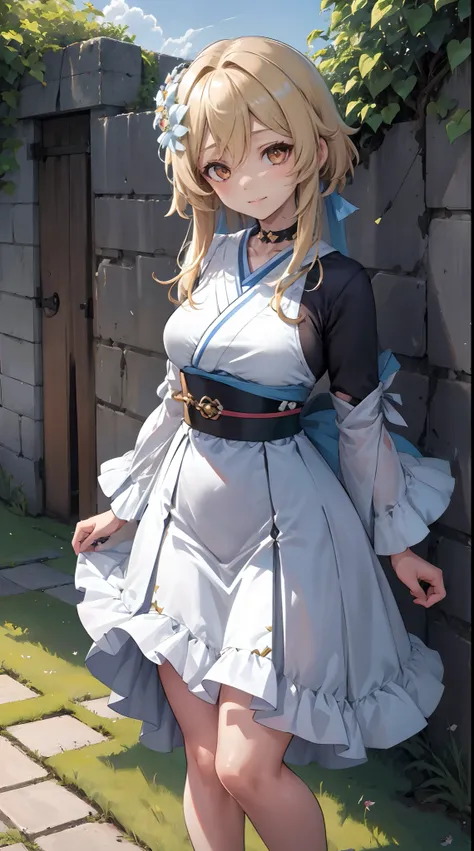 Lumine | genshin impact, master-piece, bestquality, 1girls,25 years old, proportional body, proportional., long-haired, Wear Hanbok, mediuml breasts, ,bara, choker, Standing in the middle of a flower garden, outdoor, The sky is beautiful, arm behind back, ...