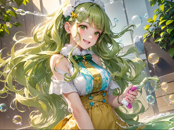 ((Finest quality)),(超A high resolution),(ultra-detailliert),(Meticulous portrayal),((Best CG)),(Finest works of art),Ultra-Precision Art,The art of astounding depiction, (One girl:1.5),huge smile:1.5,a smile,(Yellow-green wavy long hair:1.5), (soap bubbles...