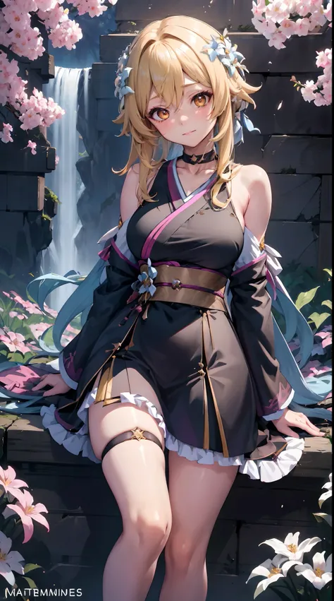 Lumine | genshin impact, master-piece, bestquality, 1girls,25 years old, proportional body, proportional., long-haired, Wear Hanbok, mediuml breasts, ,bara, choker, Standing in the middle of a flower garden, outdoor, The sky is beautiful, arm behind back, ...