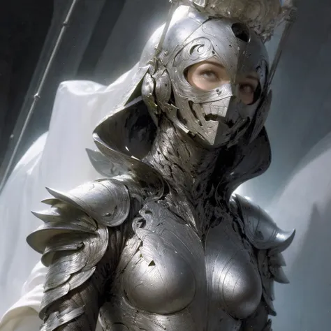 black armor wrapped，shelmet，white cape，older women，modern day{{{small breasts}}}, strong rimlight, intense shading, girl, solo,