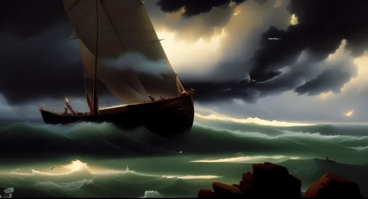 painting of a boat in a stormy sea with a bird flying in the background, inspired by Ivan Aivazovsky, a ship lost in a storm, inspired by Andreas Achenbach, in style of aivazovsky, inspired by RHADS, inspired by Willem Drost, oil painting 4k, oil painting ...