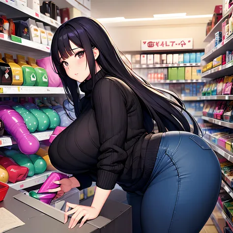 realistic anime art style,(tareme),(curvy body),black unkempt hair,(black and chunky sweater),denim pants,(unpretentious woman shopping in porn shop),dildos on sale on shelf,blushed,(dildos in shopping basket on arm),dimly light