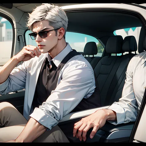 Handsome boy, angry face, fade haircut, gray hair, sunglasses, in the car, stylish shirt, masterpiece, 8k ultra.