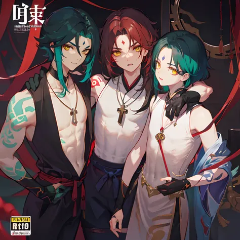 1boy,dark green hair,best quality,masterpiece,extremley,yellow eyes,male focus,beautiful eyes,Xiao (genshin impact), 1 boy, bones necklace, animal fangs necklace, arm tatoo, dark red hair, Chinese clothes, green eyes, male focus, red mark on forehead, no s...