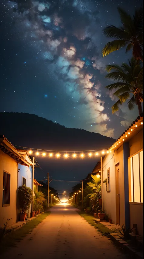 uma noite de luar, starly sky, uma estrada de terra que leva ao horizonte em meio das colinas. uma cabana ao fundo iluminada por luzes de velas. milky ways