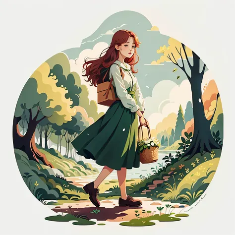 Spring：A drizzle falls on the green spring flowers，Red-haired girl carrying basket，Mobile wallpaper illustration,Nature views, Minimalist illustration, Line illustration, Colorful。circular composition，Flat illustration。