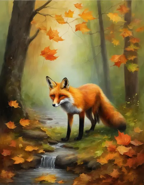 (best quality,4k,8k,highres,masterpiece:1.2),ultra-detailed,(realistic,photorealistic,photo-realistic:1.37),colorful autumn scene,lonely fox,cute fox,autumn forest,fox wearing cloak made of maple leaves,hiding fox,root of a tree,rainy day,serene atmosphere...