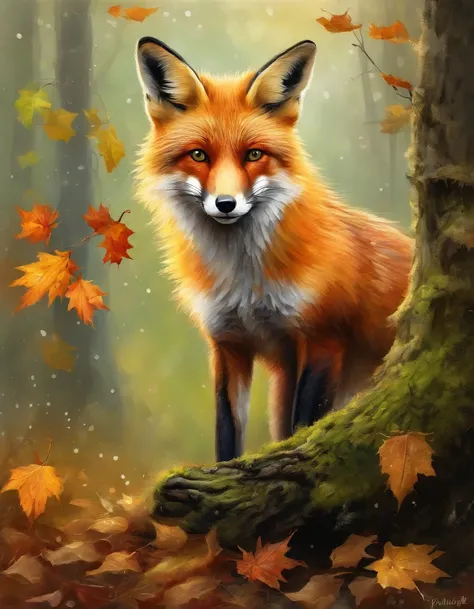 (best quality,4k,8k,highres,masterpiece:1.2),ultra-detailed,(realistic,photorealistic,photo-realistic:1.37),colorful autumn scene,lonely fox,cute fox,autumn forest,fox wearing cloak made of maple leaves,hiding fox,root of a tree,rainy day,serene atmosphere...