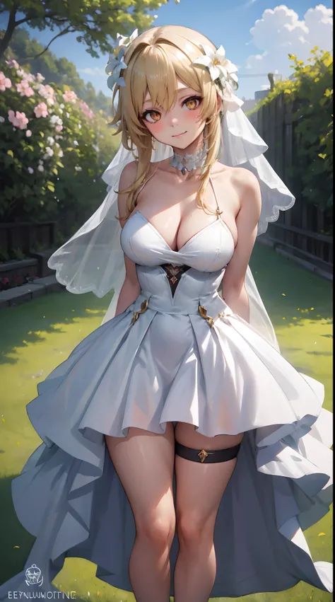 Lumine | genshin impact, master-piece, bestquality, 1girls,25 years old, proportional body, proportional., Wedding Dresses, White Wedding Dress, wedding, mediuml breasts, ,bara, choker, Standing in the middle of a flower garden, outdoor, The sky is beautif...