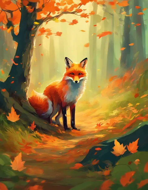 (best quality,4k,8k,highres,masterpiece:1.2),ultra-detailed,(realistic,photorealistic,photo-realistic:1.37),colorful autumn scene,lonely fox,cute fox,autumn forest,fox wearing cloak made of maple leaves,hiding fox,root of a tree,rainy day,serene atmosphere...