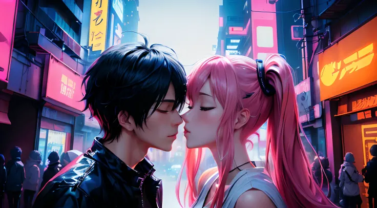 anime couple kissing with eyes closed in the city at night, anime style 4 k, cyberpunk, neon light, edgerunners, 2077, anime art wallpaper 8 k, anime art wallpaper 4k, anime art wallpaper 4 k, anime wallpaper 4 k, anime wallpaper 4k, anime style. 8k, artwo...