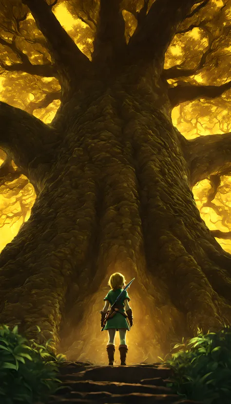 A femenine version of link from tloz in front of the great deku tree, intricate tree texture, cinematic, Nightfall, yellow light from the right, epic, from behind