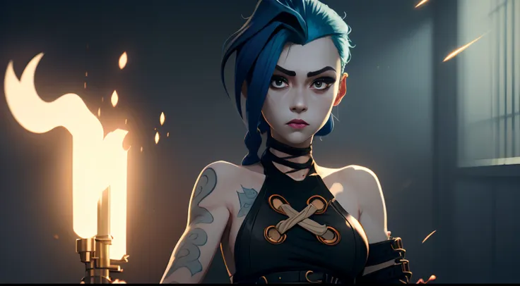 jinx's character design, sexypose, erotica, bare breast, teats, beautiful figure,  butt, kitty, arcane's jinx, holding a sparkli...