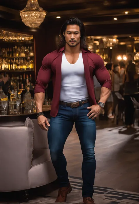 Muscular guy, wearing jeans, unbutton jeans, wearing white shirt, unbutton shirt at the top part, big chest, muscular arms, pan asian, standing, pose manly, in the club, with crowds, medium long hair, holding a glass of gin & tonic