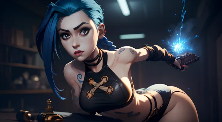 jinx's character design, sexypose, erotica, bare breast, teats, beautiful figure, butt, kitty, arcane's jinx, holding a sparklin...