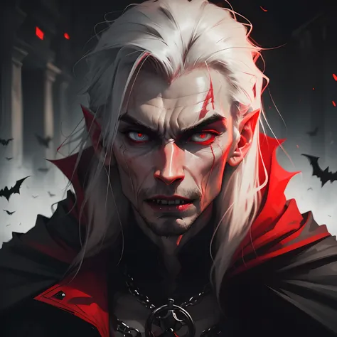 (best quality,portrait HD:1.2),emaciated man,pale complexion,vampire appearance,piercing fangs,hypnotic eyes,Russian features,red cape,dark and mysterious atmosphere,sharp lighting,haunting expression,detailed face,high-resolution image,vivid colors