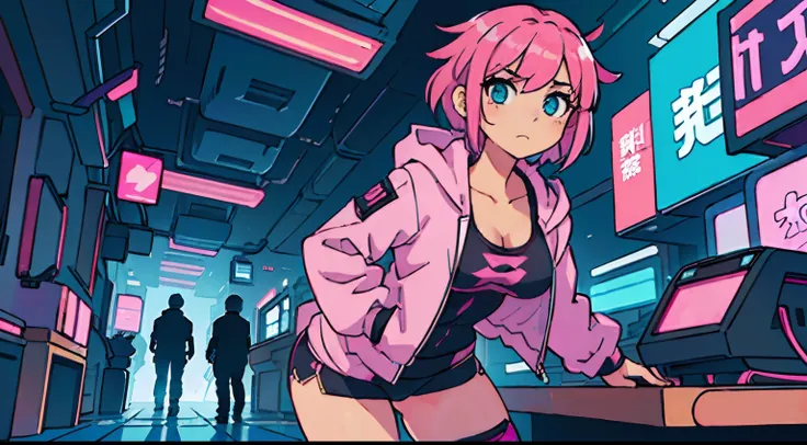 Only wearing cyberpunk girl  cclothes ,pink hayrstyle ,short hair ,big ass ,big breasts anime, cute girl,sexy,,super detailed,jacket