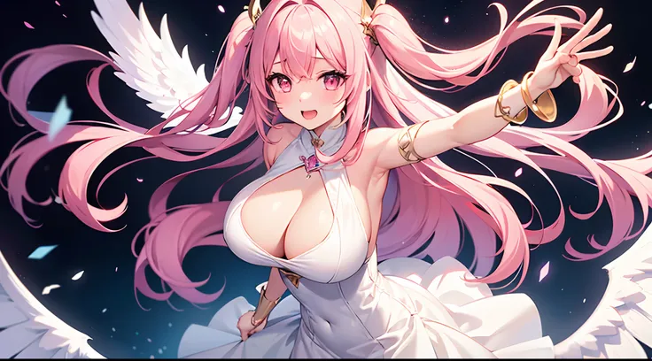 1 girl, game CG, 1 girl, game CG, see-through white dress, cleavage visible, shoulders visible, long white skirt, angel halo, angel wings, bangles, gigantic breasts, pink hair, long hair, straight hair, ahoge, pink eyes, pov, happy,