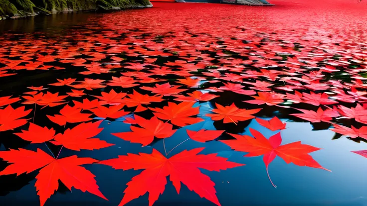 Several bright red maple leaves are floating on the surface of the spring