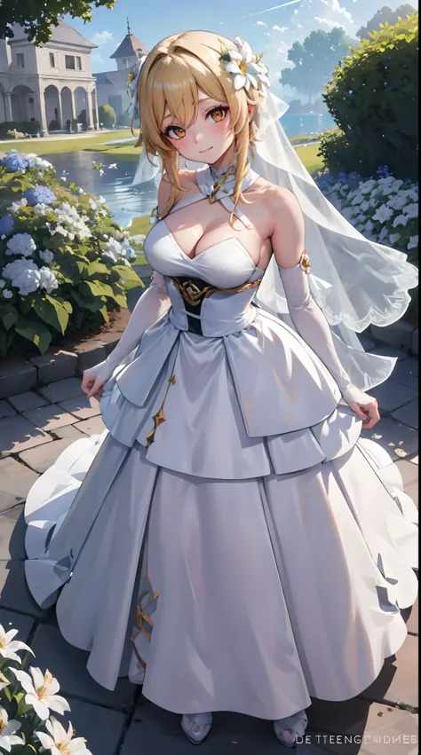 Lumine | genshin impact, master-piece, bestquality, 1girls,25 years old, proportional body, proportional., Wedding Dresses, White Wedding Dress, Long skirt, wedding, mediuml breasts, ,bara, choker, Standing in the middle of a flower garden, outdoor, The sk...