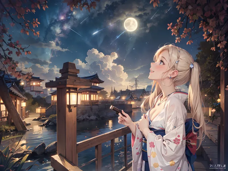 Top Quality, Masterpiece, Ultra Detailed, Ultra High Definition, 1 Woman, Solo, 25 Years Old, (Shooting Star: 1.4), Kyoto at Night, (Looking Up: 1.3), (Illusion Effect: 1.7), Upper Body, (Happy Smile: 1.6), (Full Face Blush: 1.4), (Platinum Blonde Short Lo...